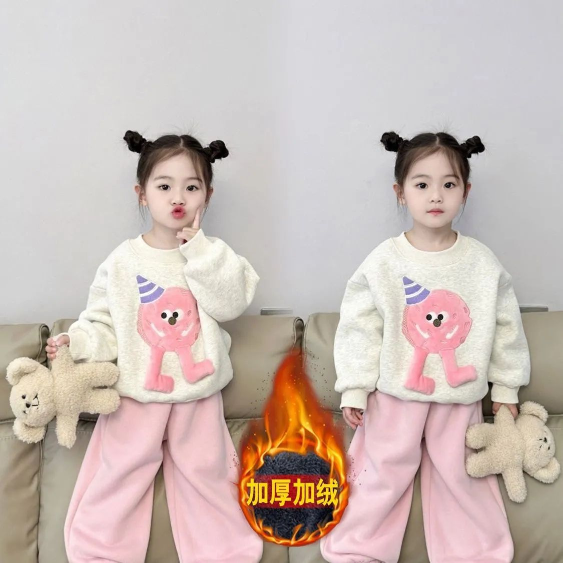 Suéter de invierno para niñas 2024 manga larga nuevo estilo más terciopelo grueso ropa de dibujos animados niñas niños tops de invierno dos piezas