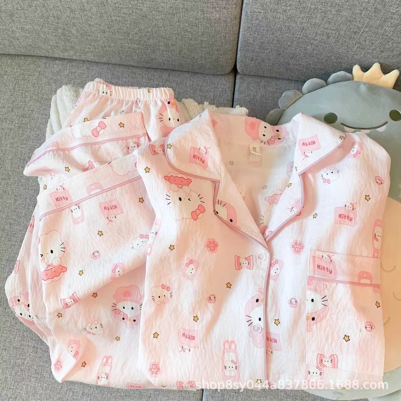 Dolce niña encantadora caricatura perro impresión pijama mujer primavera y otoño nuevo suelto pantalones largos de mangas largas set de ropa para el hogar