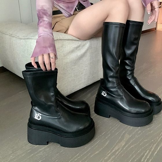 Stretch Skinny Boots Thick-soled Heightened Boots for Small Women but Knee Boots Leg-wrapped Skinny High Knights Boots
