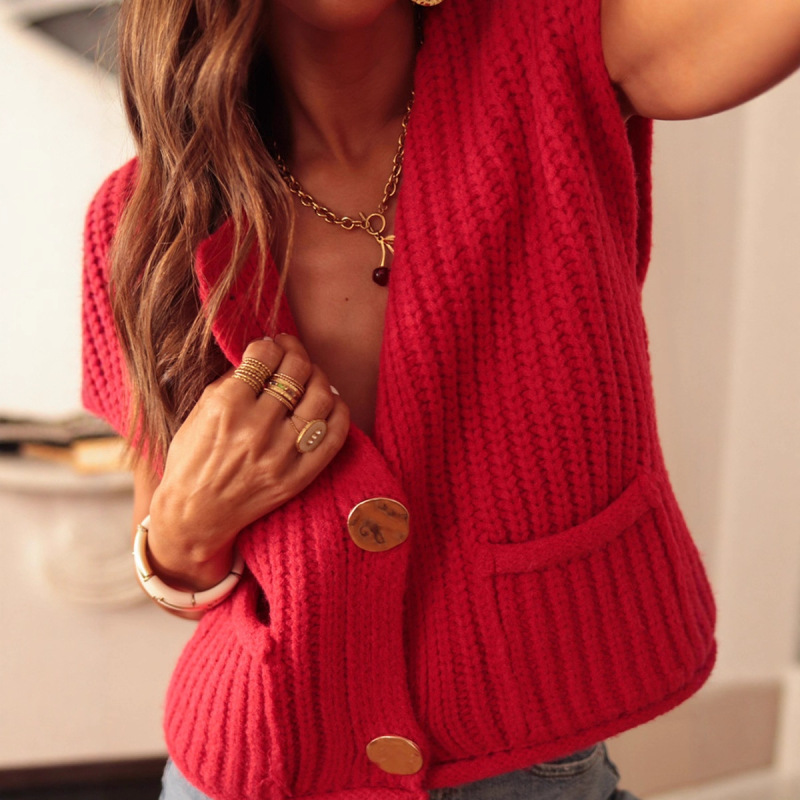 Trendy Cross-Border Hot Sale Autumn New Solid Color Sweater Women European and American Casual Versatile Pocketed Knitted Vest Women
