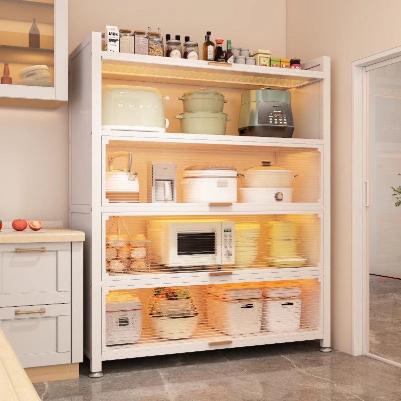 Armario de almacenamiento a prueba de polvo de cocina, estante de piso a techo, armario con puerta, horno microondas, armario de almacenamiento de acero al carbono doméstico
