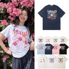 高品韩国Mardi小雏菊花卉印花宽松圆领短袖t恤男女款休闲纯棉上衣