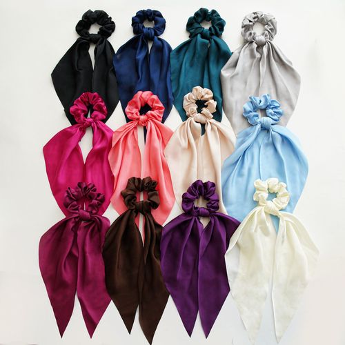 Cross-border solid color satin fabric streamers large intestine hair ties European and American solid color silky square scarf ponytail hair ties batch