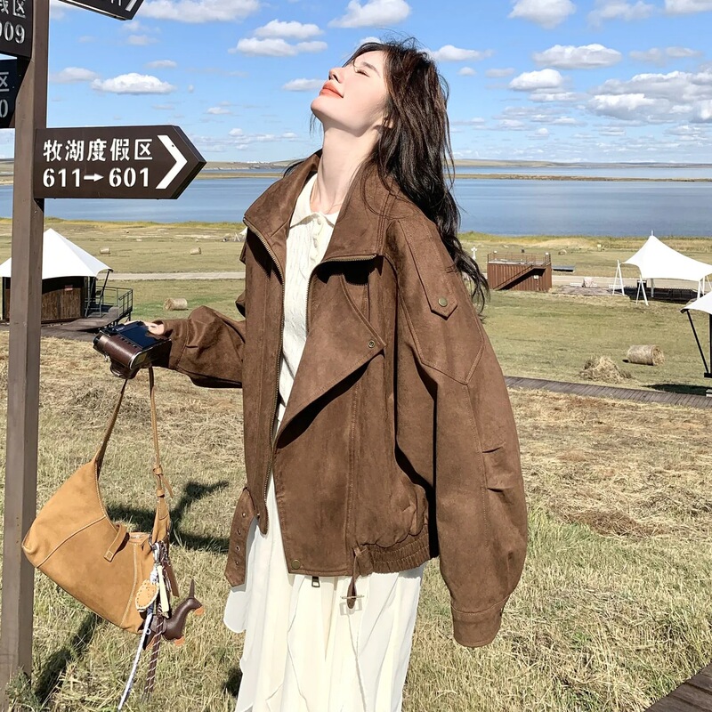 Maillard's stylish and chic suede biker jacket for women, new spring/autumn model, petite size, American high-end feel jacket for women Maillard's stylish and chic suede biker jacket for women, new spring/autumn model, petite size, American high-end feel jacket for women