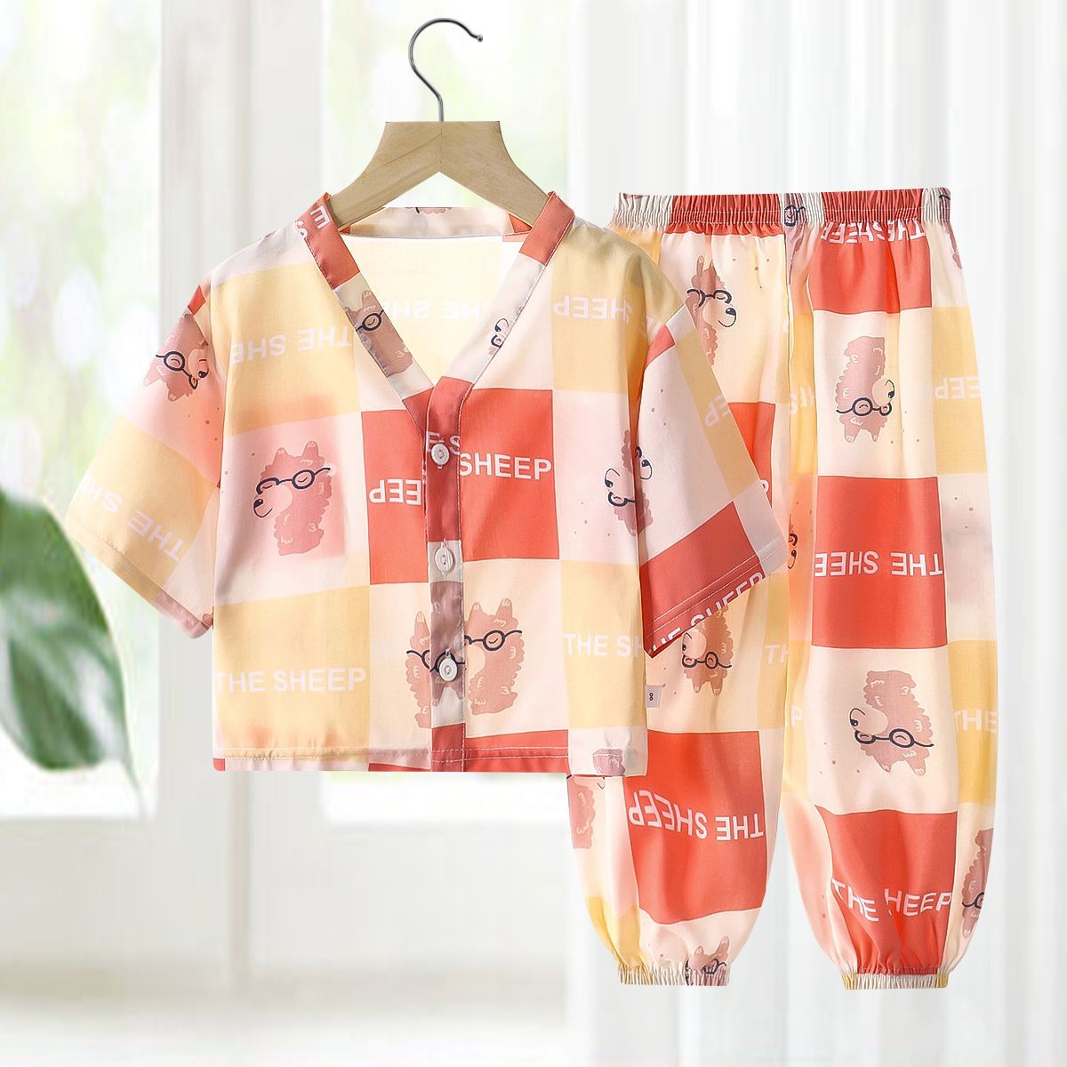 Pajamas de seda de algodón para niños, ropa de aire acondicionado de algodón artificial de verano, ropa para niños y niñas, ropa para el hogar de seda de algodón, dos juegos de ropa infantil