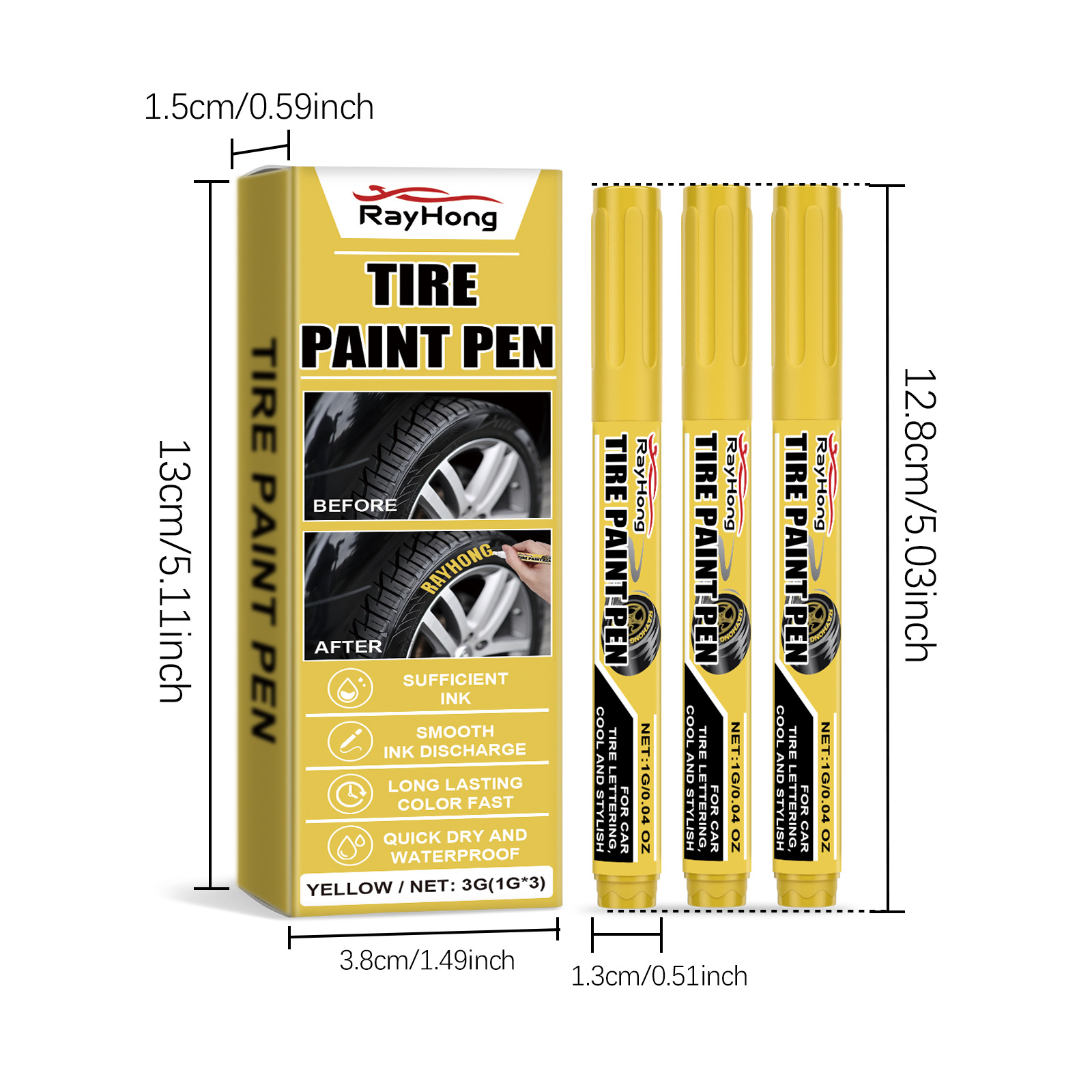Rayhong Yellow Car Tire Paint Pen Car Tire Art Painting Waterproof Long-Lasting Oil-Based Pen