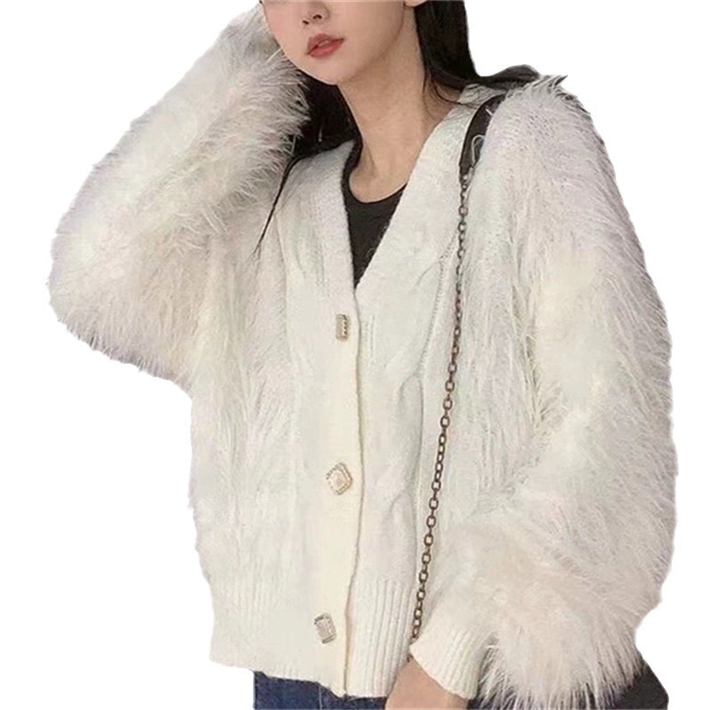 Cárdigan de punto con cuello en V de diseño con estilo occidental nuevo para otoño/invierno, imitación piel de visón, abrigo holgado y adelgazante para mujer, para usar como suéter exterior