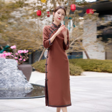 加厚加里秋冬国风古韵撞色拼接滚边旗袍来料加工包工包料加工定制