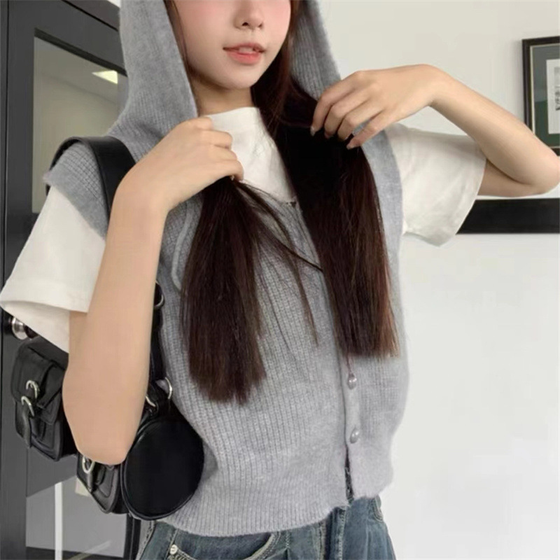 24 invierno Puyuan chaleco de punto para mujeres de principios de otoño chaleco sin mangas coreano corto cardigan con sombrero image 8
