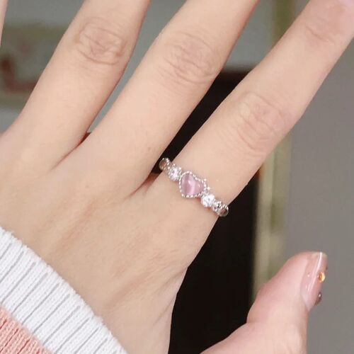 Love pink cat's eye stone ring for women, cute and sweet niche design index finger ring opening adjustable ring