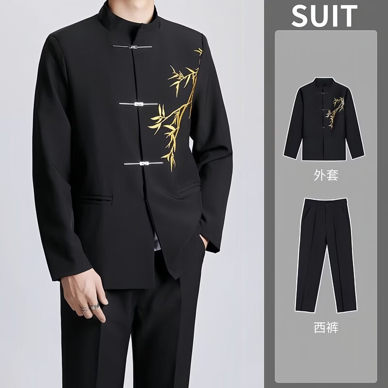 New Chinese Style Men's Dress Engagement Casual Suit Suit National Style Stand Collar Gold Bamboo Embroider Tunic Suit for Men