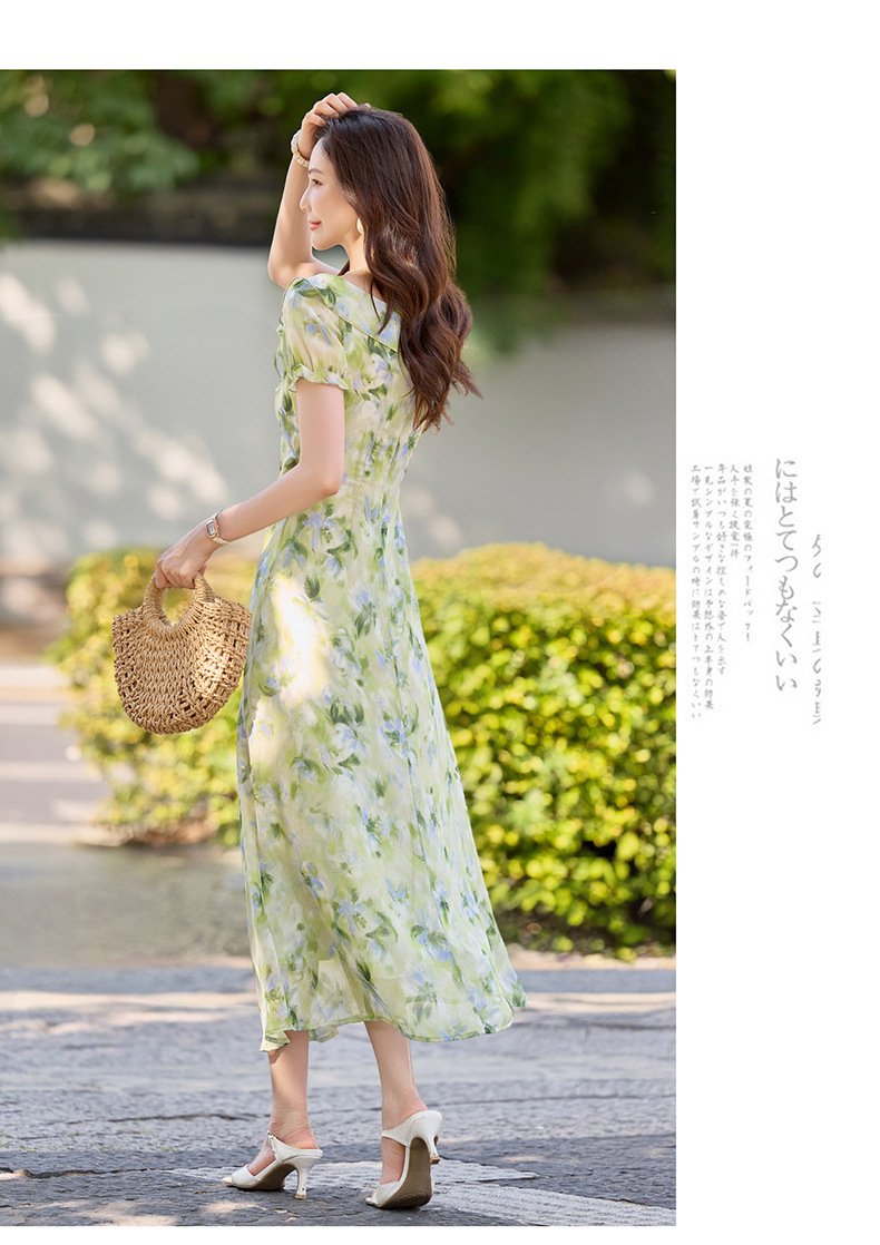 Đầm maxi nữ họa tiết hoa nhí cổ V tay ngắn thắt eo — Lá xanh hoa lan chi tiết 16