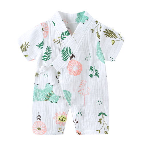 Baby one-piece summer gauze short-sleeve robe, trending Hanfu style, pure cotton thin sleepwear, one piece.