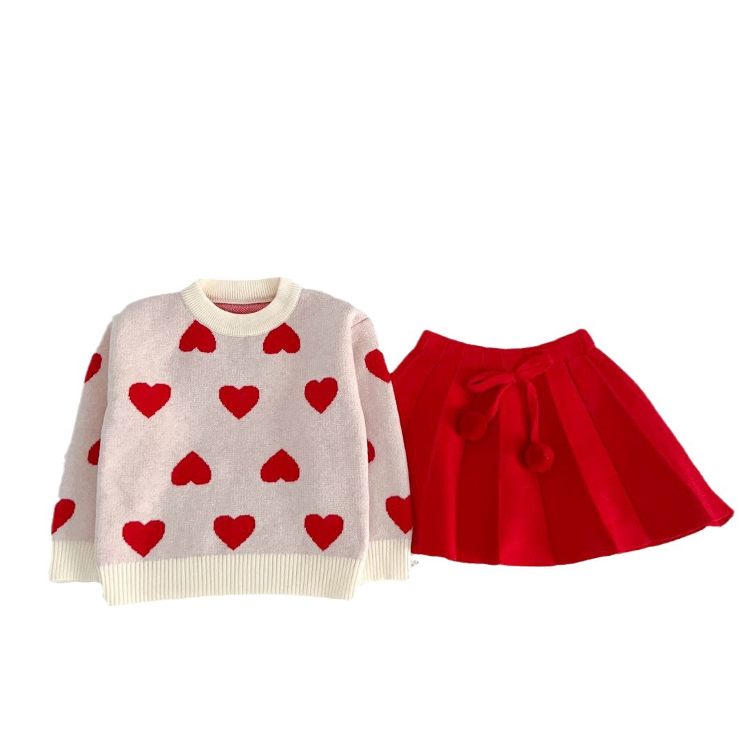 Girls' Sweater Set 2023 Winter New Western Style Little Girl Love Knitted Pullover Head Long Sleeves Fashionable Two_voghion.com