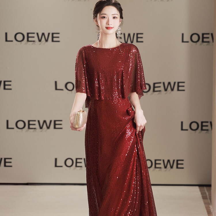 2025 バーガンディ大合唱団パフォーマンス服女性のロングスカート宴会イブニングドレスカバー肉ホストソロ朗読儀式|undefined