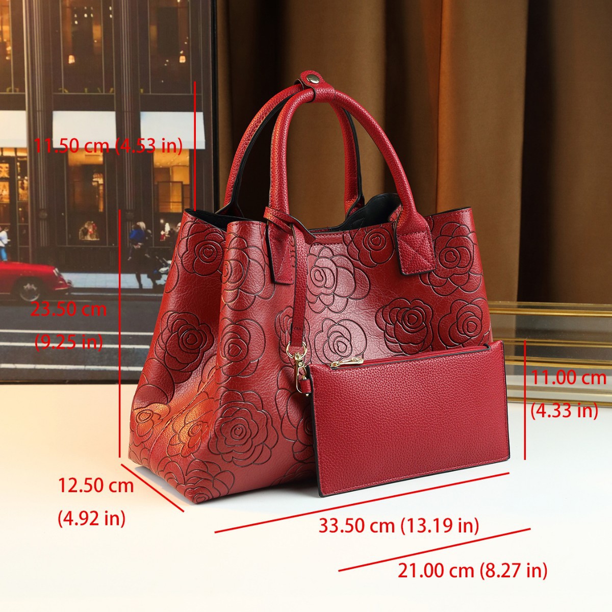 Borsa a tracolla capiente con stampa di rose, borsa a secchiello versatile e alla moda, perfetta per la Giornata internazionale della donna._voghion.com