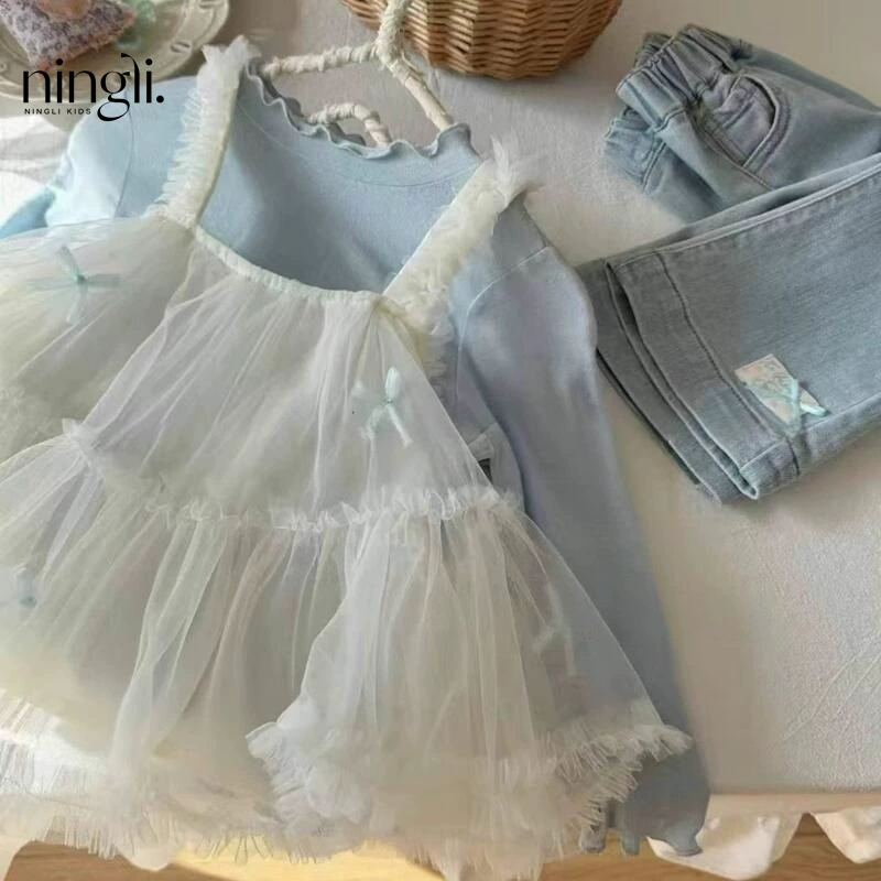 柠里 Spring cute set, base jeans, Korean style, lifting effect, 3 piece set