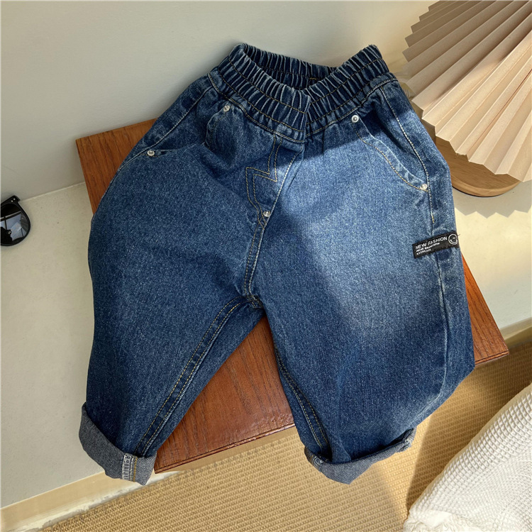 Korejske otroške oblačila, jesenske temno modre kavbojke 2024, ohlapne enobarvne očetovske priložnostne jeans hlače za fantke in deklice_voghion.com