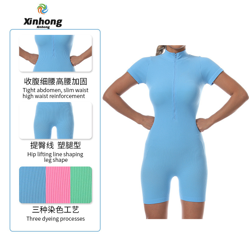 欧米のジッパー半袖ヨガ服弾力連体服女性ねじ運動ガードル|undefined