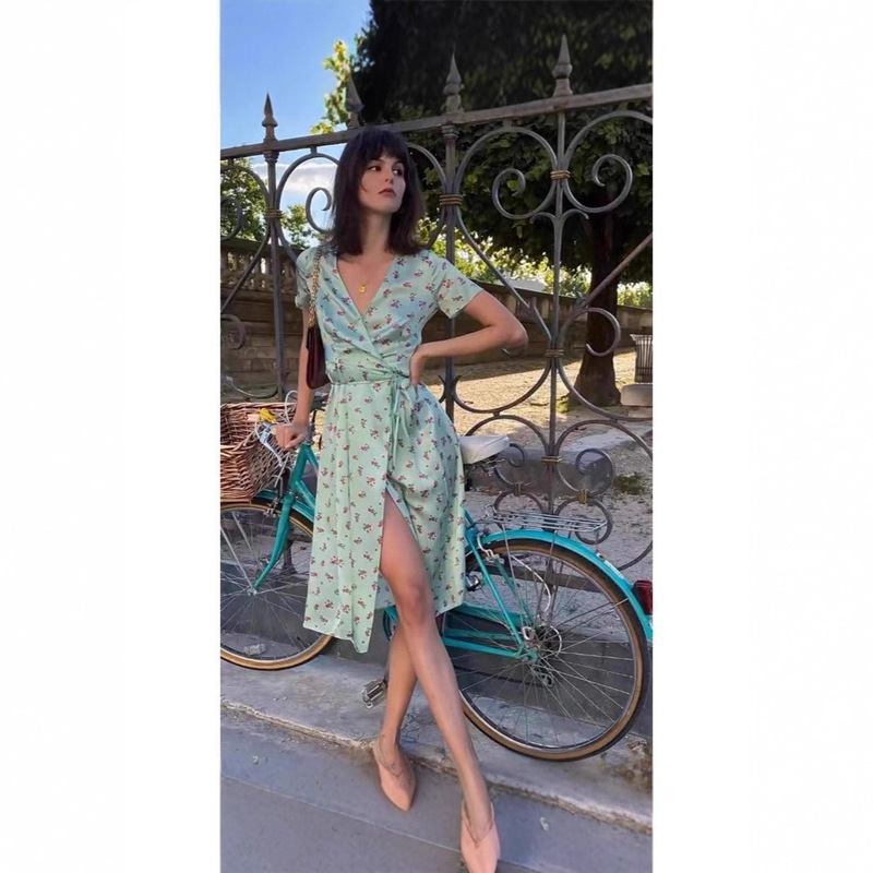 Floral Dress Women's Mid-Length Summer New Short-Sleeved V Neck European and American Wrap Dress One-Piece Dress