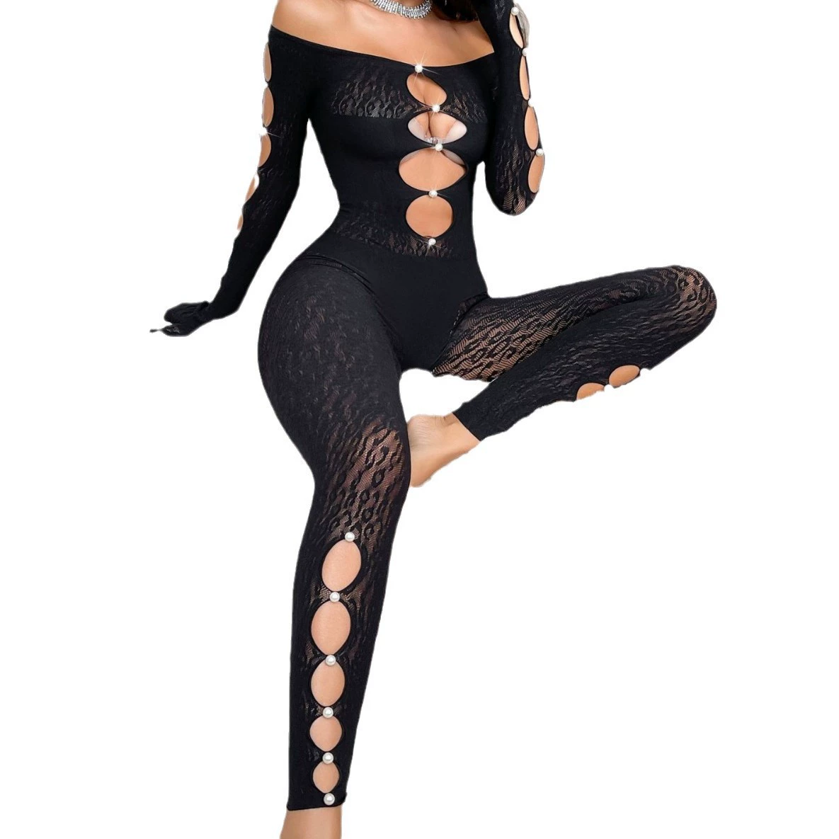 DY-015 Cross-border Sex Spelling Pearl Leopard Plane Netwear sexy highlights long-sleeved pants