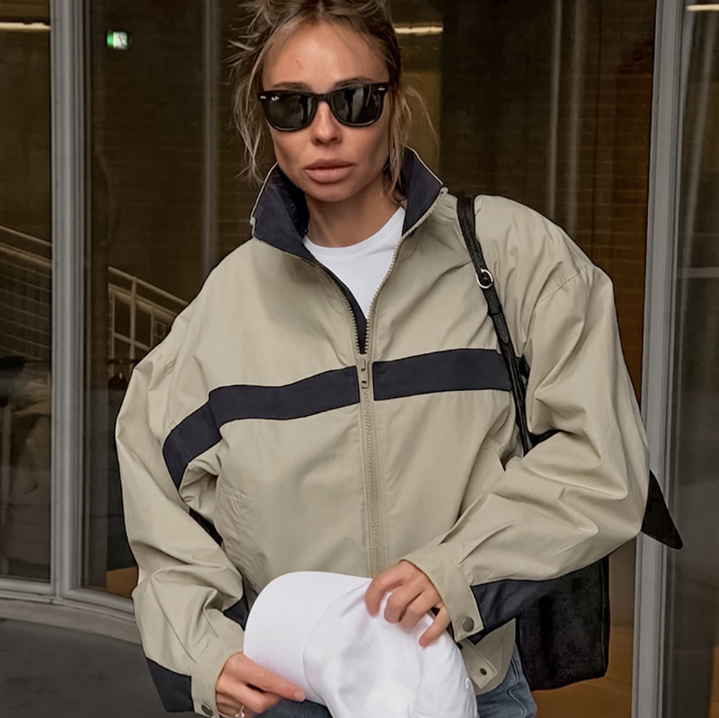 Contrast Color Stand Collar Baseball Jacket for Women 2026 Spring and Summer New American Retro Loose Casual Foreign Trade Jacket Contrast Color Stand Collar Baseball Jacket for Women 2026 Spring and Summer New American Retro Loose Casual Foreign Trade Jacket