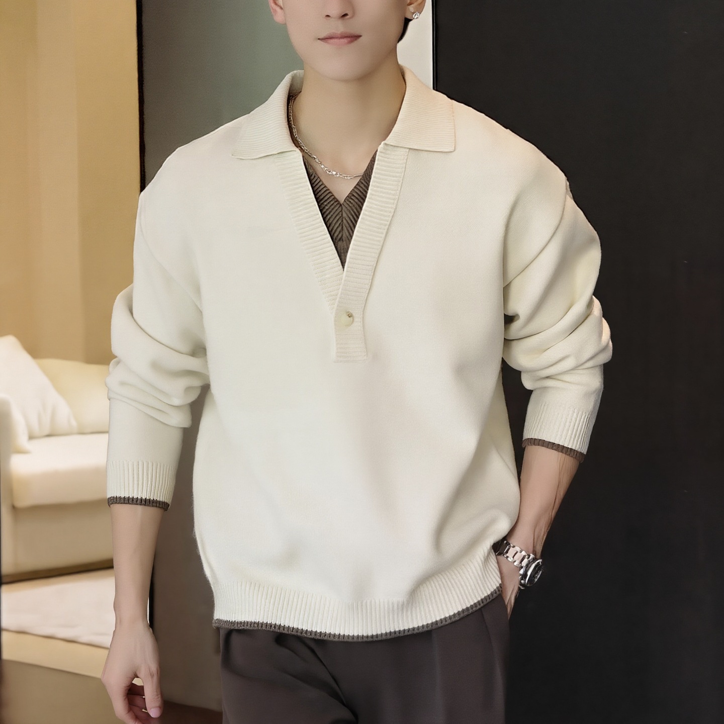 Explosiones transfronterizas de tamaño europeo de tamaño grande falso dos piezas polo con solapa de cuello en V camiseta de punto suéter hombre viejo fábrica de viento al por mayor