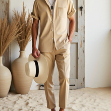 跨境外贸夏季新款男装短袖长裤衬衫单排扣立领套装男士时尚潮流款