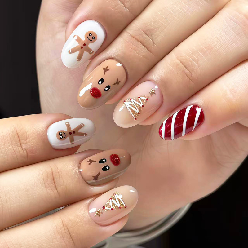 Christmas-themed red-nosed reindeer and gingerbread man nail art, featuring a festive atmosphere, gold-plated Christmas tree design, and nail stickers suitable for cross-border sales in Europe and the United States Christmas-themed red-nosed reindeer and gingerbread man nail art, featuring a festive atmosphere, gold-plated Christmas tree design, and nail stickers suitable for cross-border sales in Europe and the United States