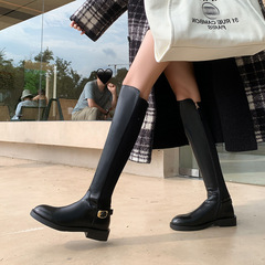 細くてストレートな美脚ツール～牛革ステッチナイトブーツ2025冬厚底ローヒールラウンドトゥ本革ハイブーツ女性用