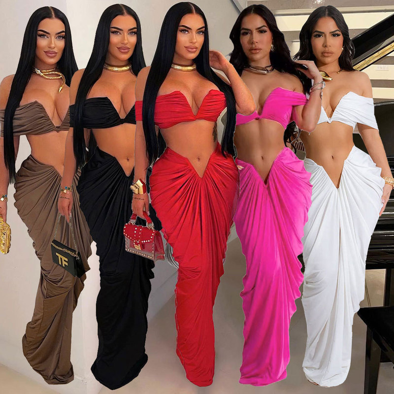 S10642 Sexy European and American Sleeveless Tube Top Elastic Tight Floor-Length Pleated Skirt Two-Piece Set