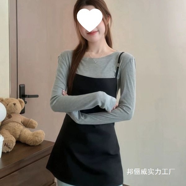 2025年圆领灰色长袖上衣叠穿背心套装女小众别致收腰外搭吊带裙子|undefined