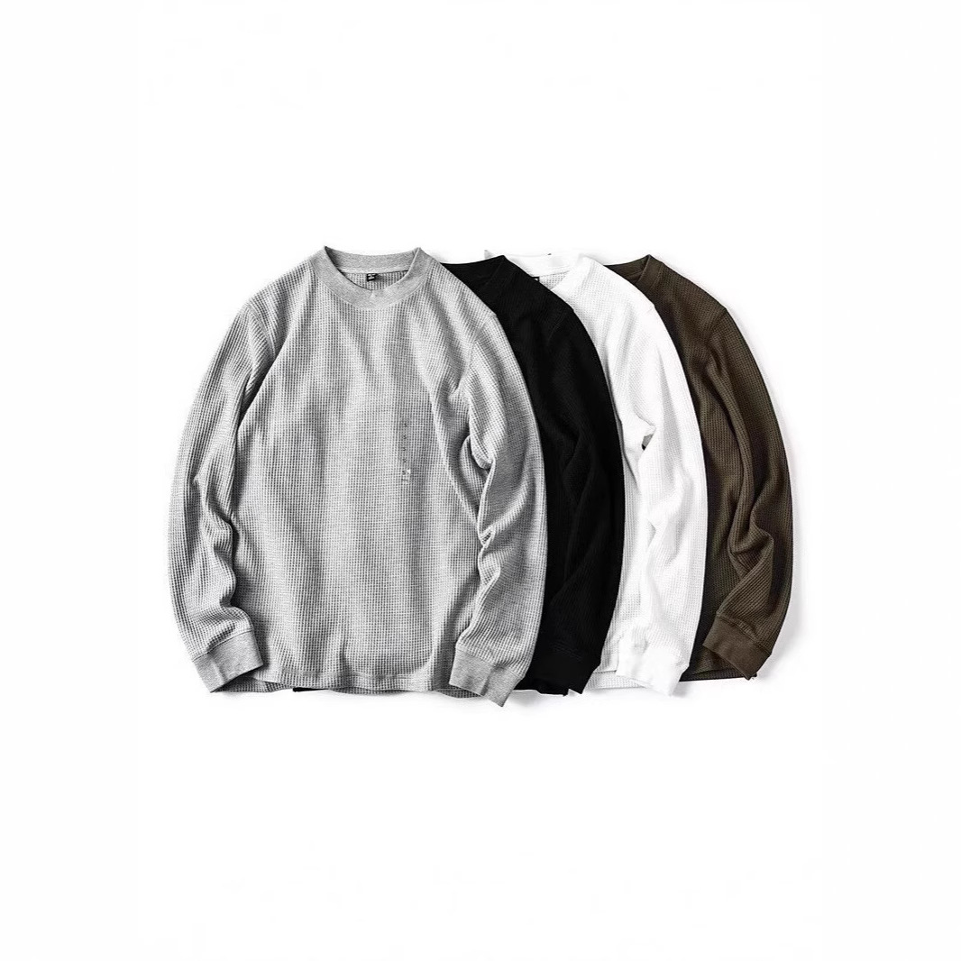 Men's Clothing Waffle Knit Long Sleeve T-Shirt With Cuffed Sleeves - Textured Casual Crew Neck Pullover For Everyday Wear (White, Black, Gray, Green)_viptrois.com