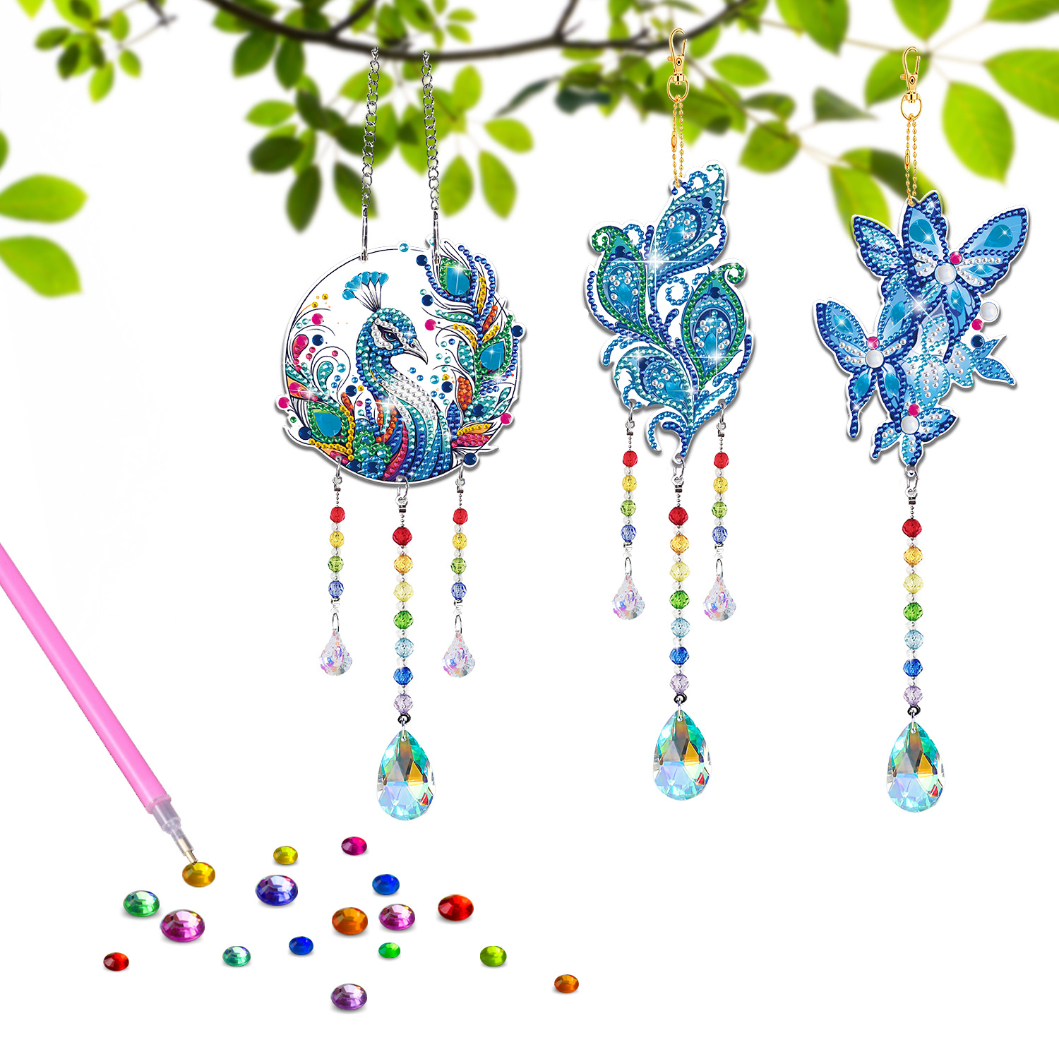 3Pcs Blue Peacock Diamond Painting Kit Double-Sided Diamond Painting Wind Chime Hanging Diamond Painting DIY Christmas Home