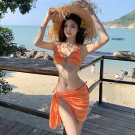新款比基尼泳衣女红色民族风性感绑带金属装饰度假欧美紧身辣妹