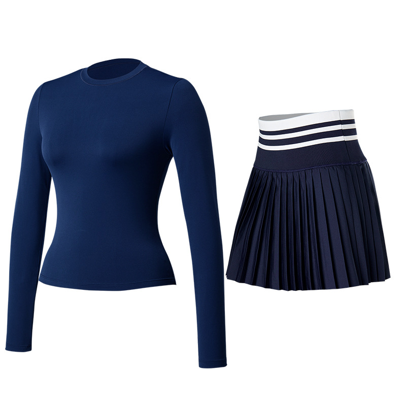 Trajes deportivos, trajes de yoga cortos, mangas largas, falda de tenis elástica, secado rápido, delgado, abdomen cerrado, conjunto de camisas de ejercicio.