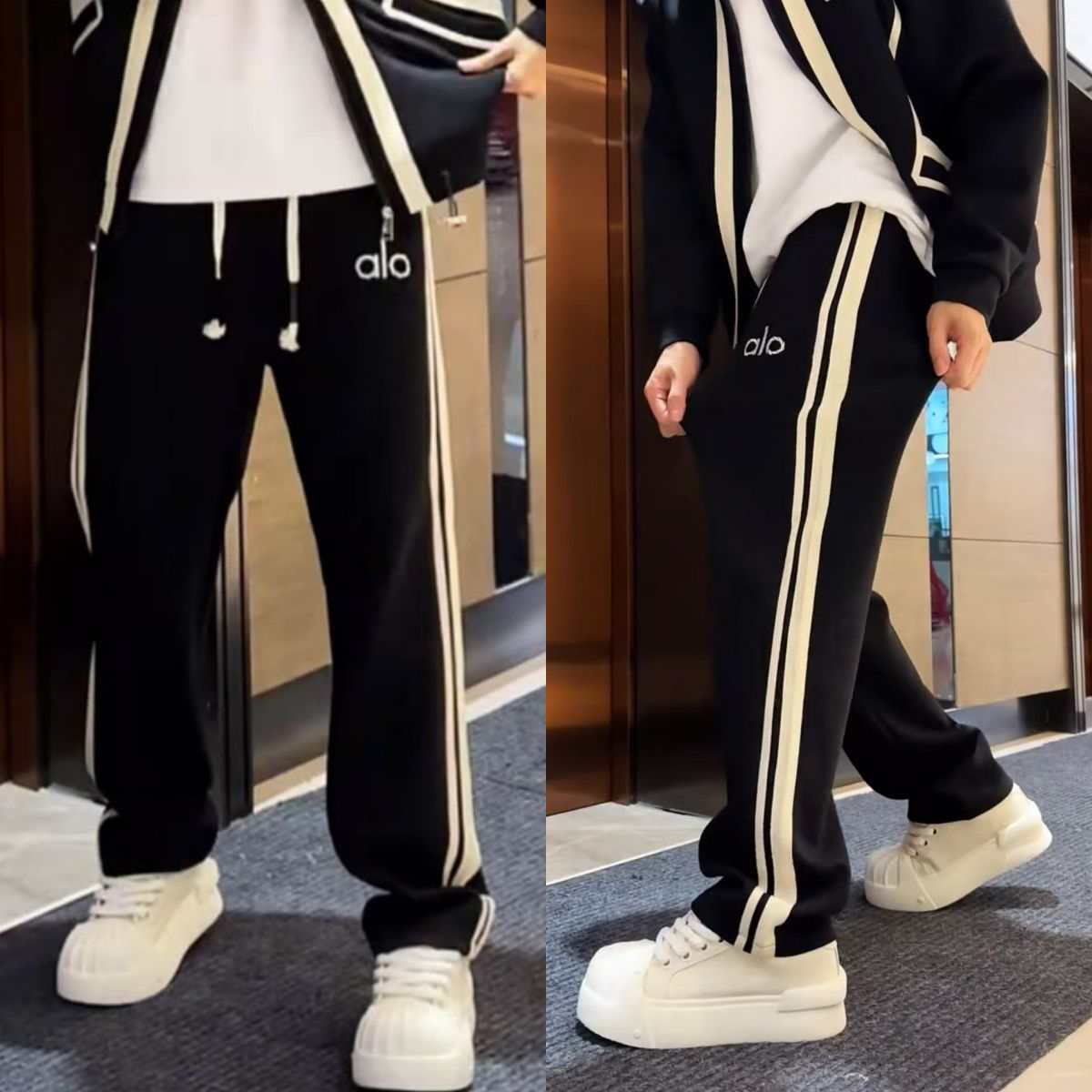 Otoño aire capa de moda letras cremallera chaqueta de cuello suelta pantalones rectos versátiles conjunto de empalme a rayas estadounidenses