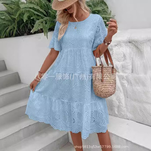 2024 European and American Fashion New Amazon Wish Hot Selling Pure Color Cotton Embroidered Lace Cut Out Dress