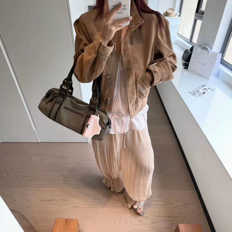 In-Stock High-Quality 2026 Autumn/Winter Fze New Women's Fashion European and American Style Suede Texture Stand-Collar Jacket for Women