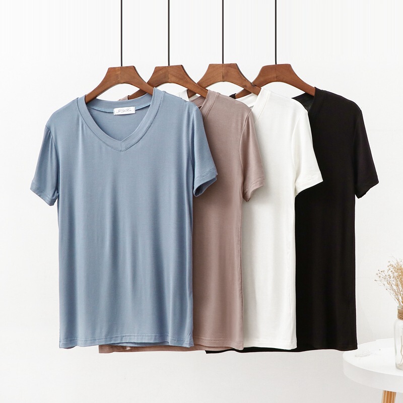 2022 Summer New Style Bit Cotton Short-Sleeved T-Shirt Pure Color Women's Thin V-Neck Bottoming Shirt Korean Style Pure Color Loose Top 2022 Summer New Style Bit Cotton Short-Sleeved T-Shirt Pure Color Women's Thin V-Neck Bottoming Shirt Korean Style Pure Color Loose Top