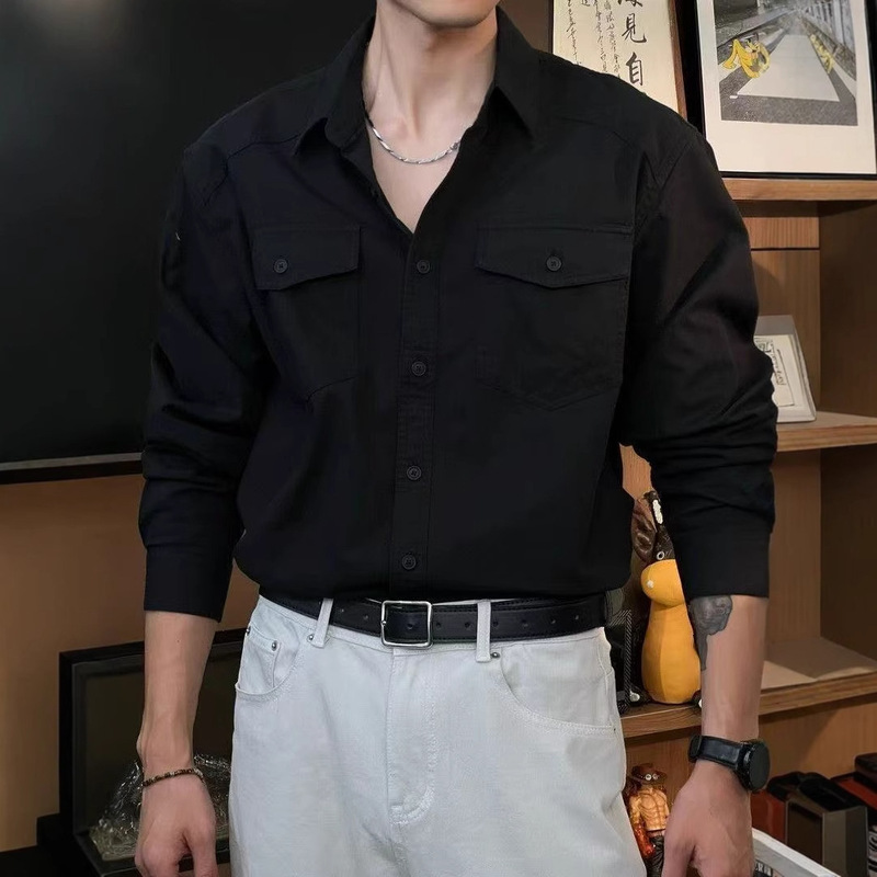 秋季新款工装衬衫口袋设计男士宽松高级休闲衬衣长袖翻领外套上衣|undefined