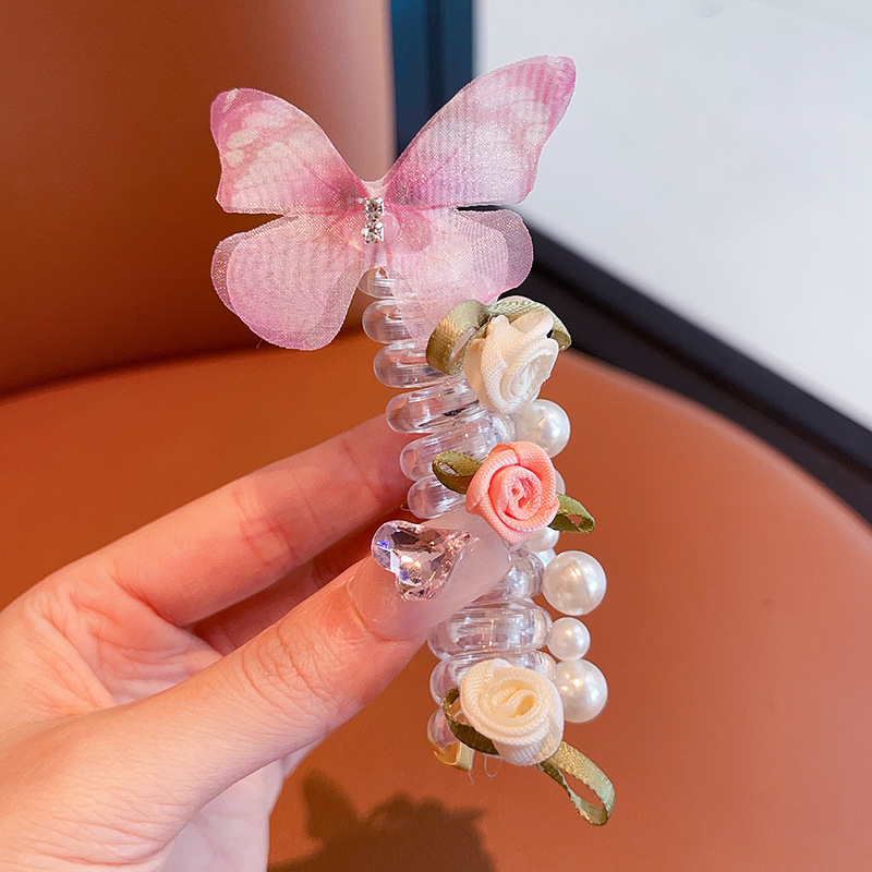 新款森系蝴蝶泡泡辫头绳甜美玫瑰花电话线发圈高级感马尾编发神器|undefined