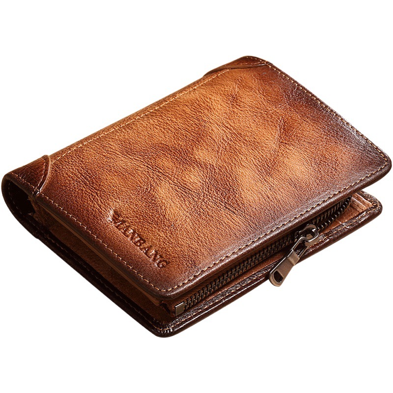 Cross-border exclusive men's wallet brushed vegetable tanned first layer cowhide multi-card short card holder driving license zipper wallet