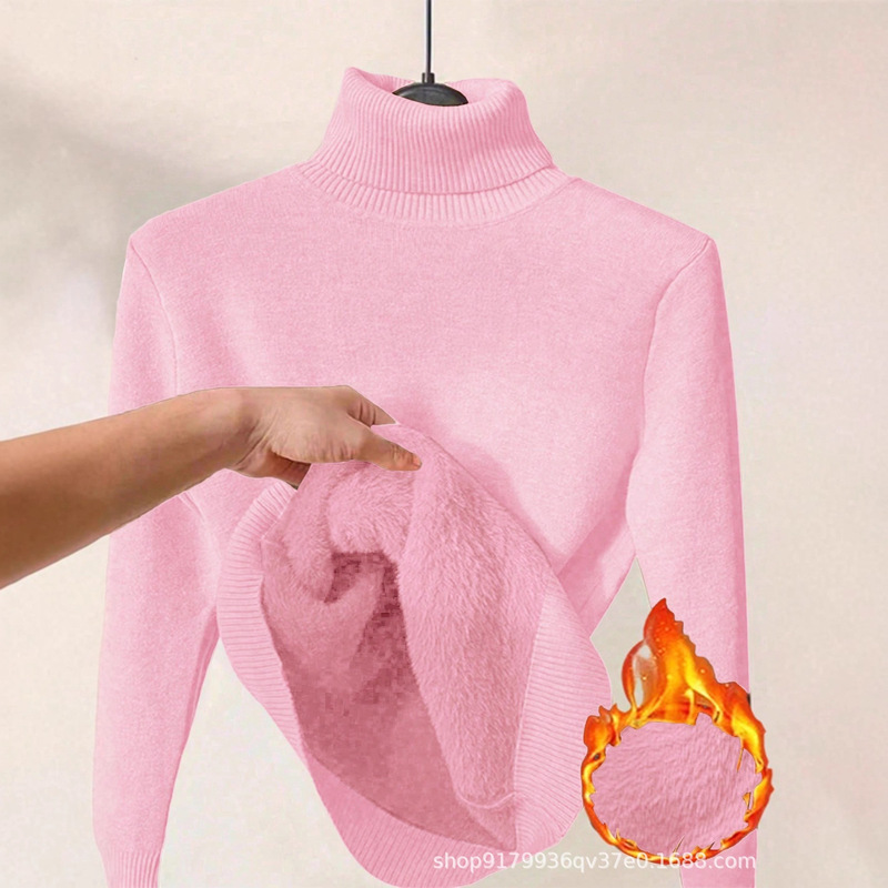 Amazon's Popular High-Neck Fleece-Lined Thick Sweater for Women, Warm Inner Layer for Autumn and Winter, Integrated Fleece Pullover