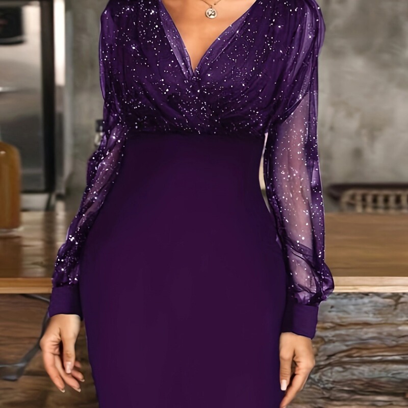 Cross-border European and American Women's New Mesh Stitching Sexy Retro Elegant V Neck Party Club Dress Dress