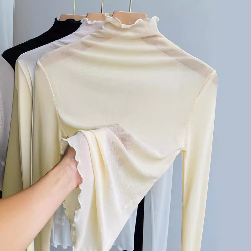 Transparent High Neck Mesh Base Shirt Women's Inner Long Sleeve Yarn t2024 New Style Western Style Thin Inner Lace Shirt