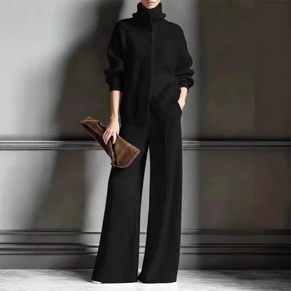 turtleneck Solid Color Cardigan Long-sleeved Top Wide-leg Pants Set Knitted 2-piece Set_ecoleips.com