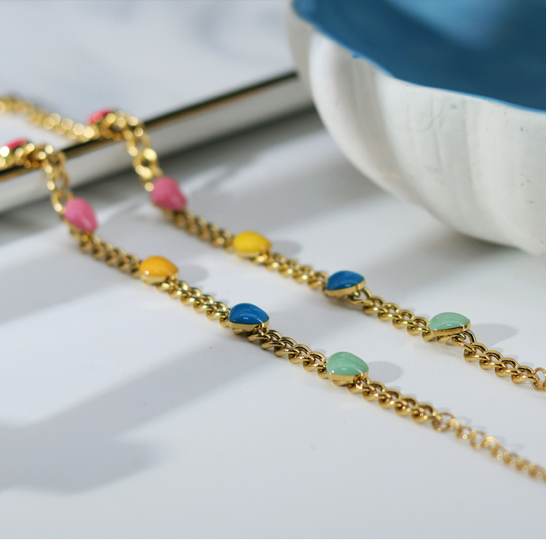 304 Stainless Steel Material Heart Shape Pattern Women'S Gender Enamel Design Fashion Heart Shape 304 Stainless Steel 18K Gold Plated Enamel Stainless Steel Bracelets In Bulk