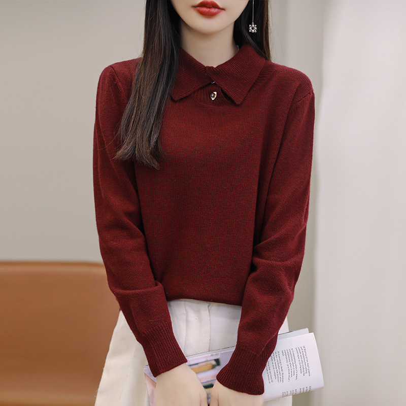 Autumn And Winter Korean Style Women's Lapel Worsted Wool Sweater Women's Pullover Solid Color Sweater