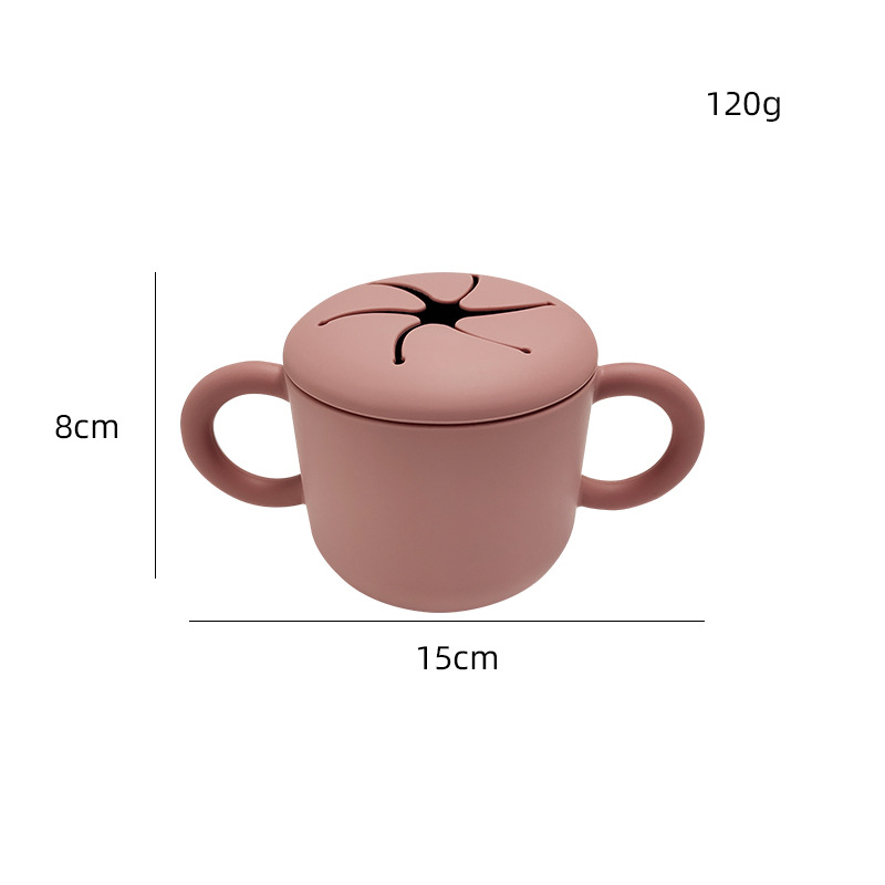 Doble oreja de tipo pétalo abierto de silicona snack taza con mango bebé snack caja creativa beber taza en stock